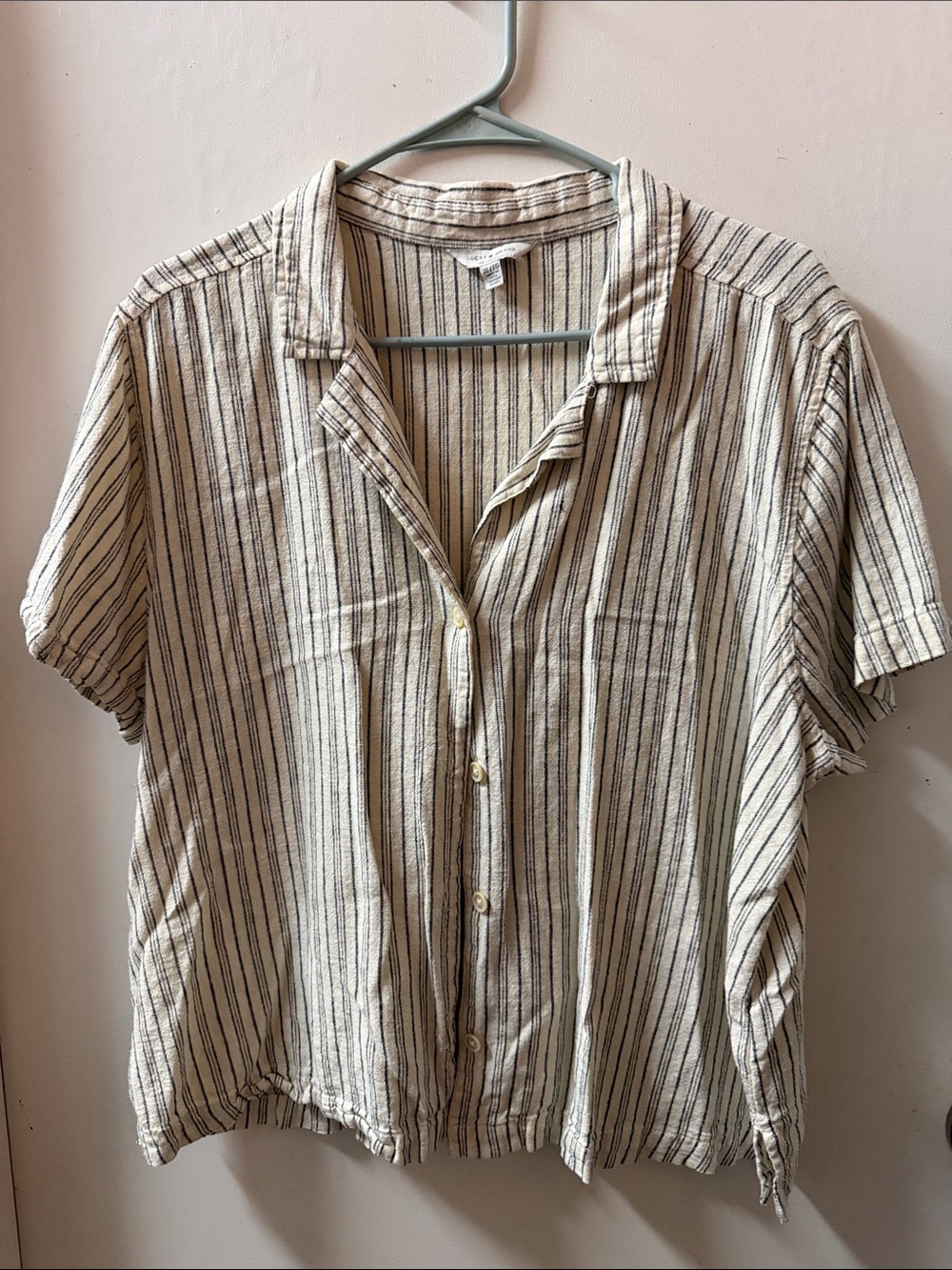 Lucky Brand Beige and Black Striped Short-Sleeve Button-Down Shirt